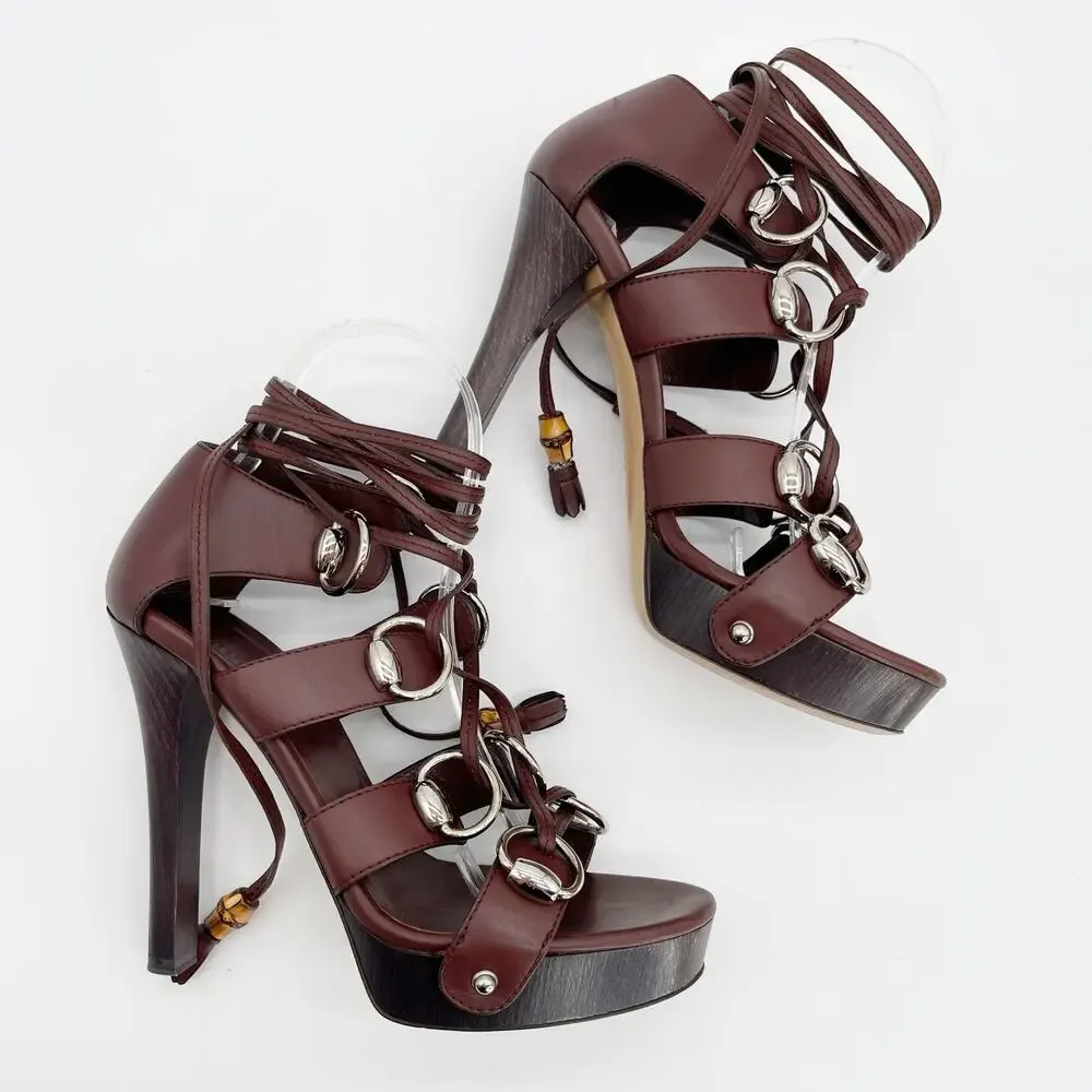 Gucci SS2007 Runway Cage Strappy Platform Lace Up Spice Brown Sandals US 7.5